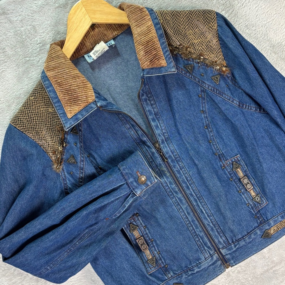 Vtg Nancy Bolen City Girl Womens Denim Western Jacket Blue Corduroy Trim Size 10